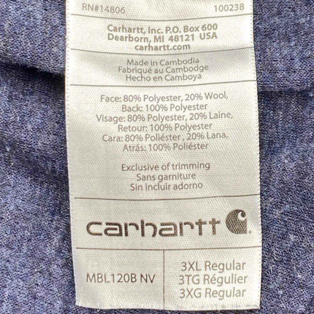 Carhartt Base Force Mens 3XL Blue Heathered Poly-Wool Blend 1/4 Zip Thermal